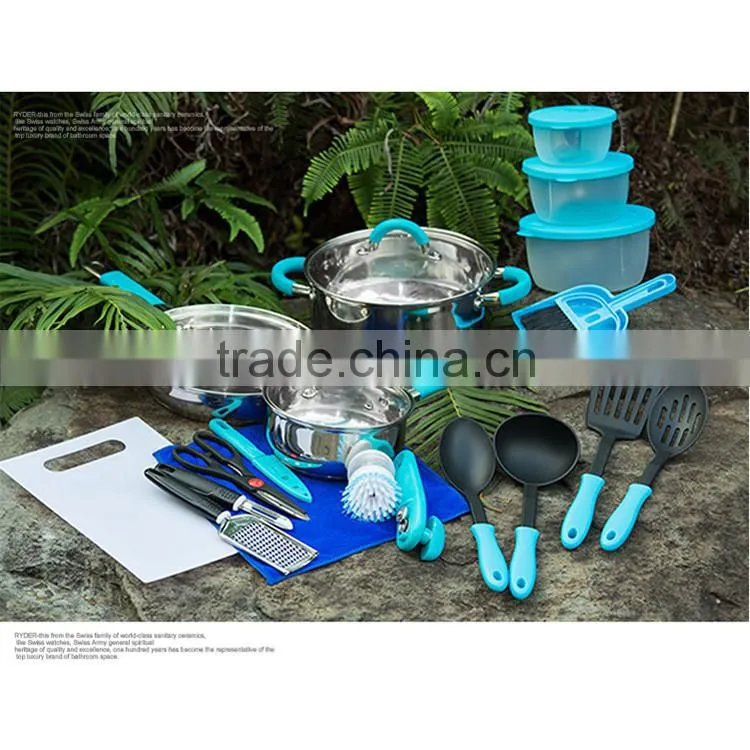 23 pcs silicone handle stainless steel non stick camping cookware kitchen set