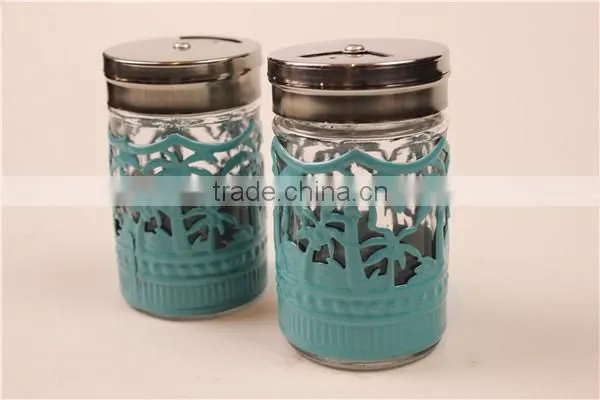 glass spice jar glass condiment bottle with metal lid blue metal cover
