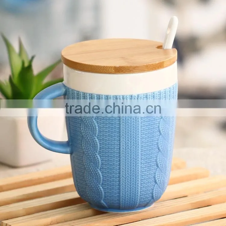 coffee mug with spoon and bamboo lid,innovative and promotion mug,ceramic mug