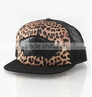 Leopard and leather patch snapback trucker hats custom flat brim snapback trucker mesh hats