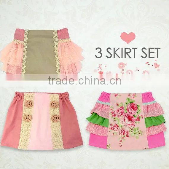 Wholesale children's boutique clothing girls cotton skirt lace trim button design