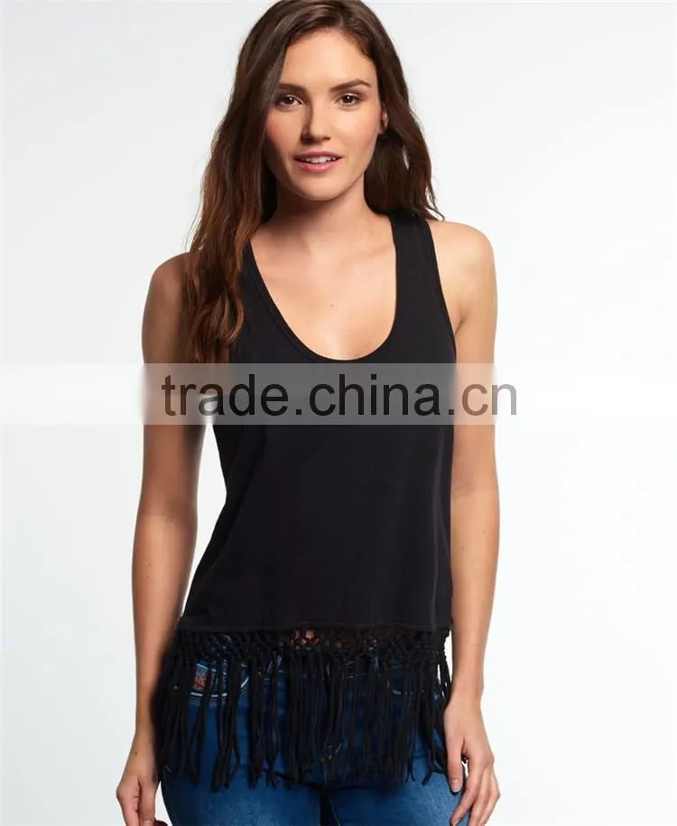 2016 Guangzhou Shandao Fashion Design Summer Casual Sleeveless Tassels Bottom Round Neck White Cotton New Style Top For Girls