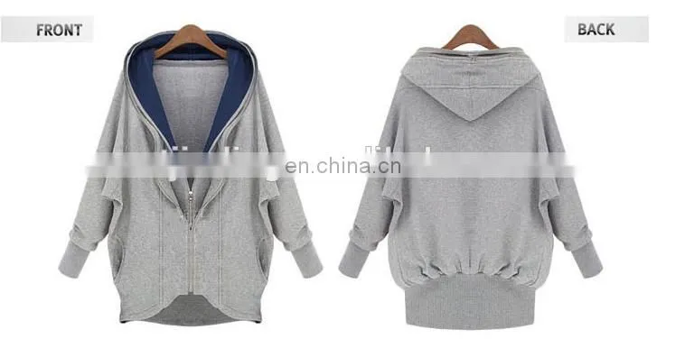 Factory OEM Apparel Women Sweatshirts Wholesale Organic Cotton Hoodie Bat Wing Sleeve 2-Layer Collar Zipper Sweatshirt