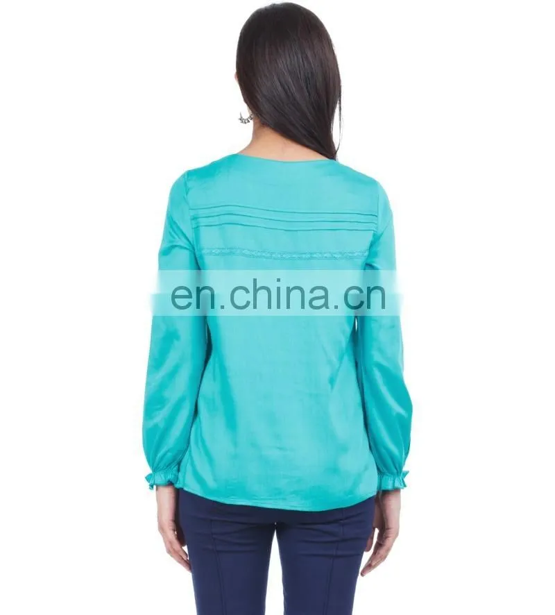 Green Top With Pin Tuck Detailing for ledies printed three quarter sleeve blouse in chiffon with lace collar See larger image
