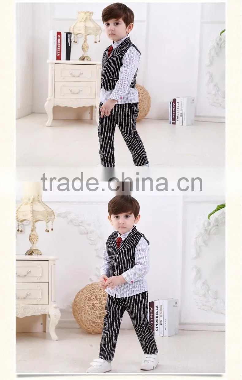 2016 Wholesale New arrival British Striped vest three-piece baby boy set plaid shirt with tie baby boy clothes suit