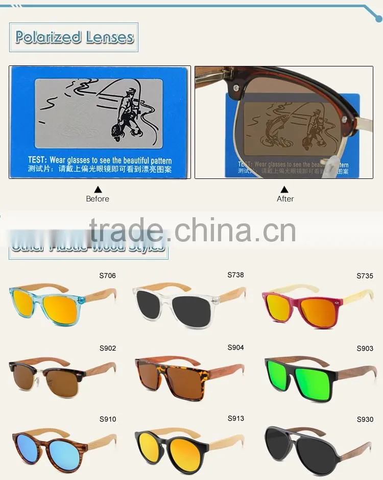 2015 Plastic frame with bamboo pins sunglasses customized with logo for free with polarized lenses