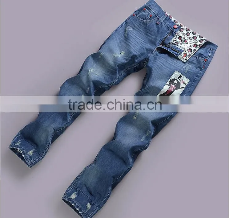 2014 Lastest Design Long Low Waisted Ripped Men Jean wear printed Washed Wholesale Popular Blue Men Jean Pants trouser