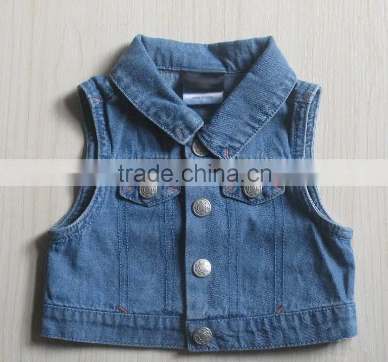 wholesale kids customized denim jacket without sleeve baby washed denim jacket