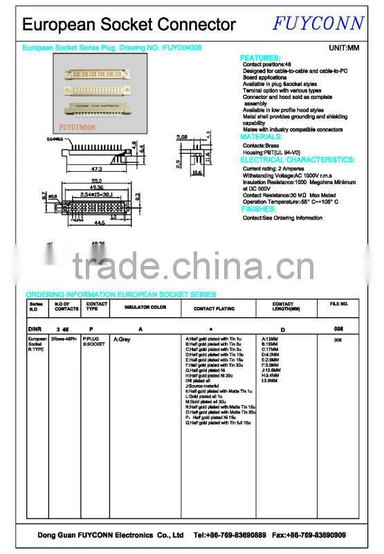 3 rows 48P Male R Type Euro Vertical DIN 41612 connector