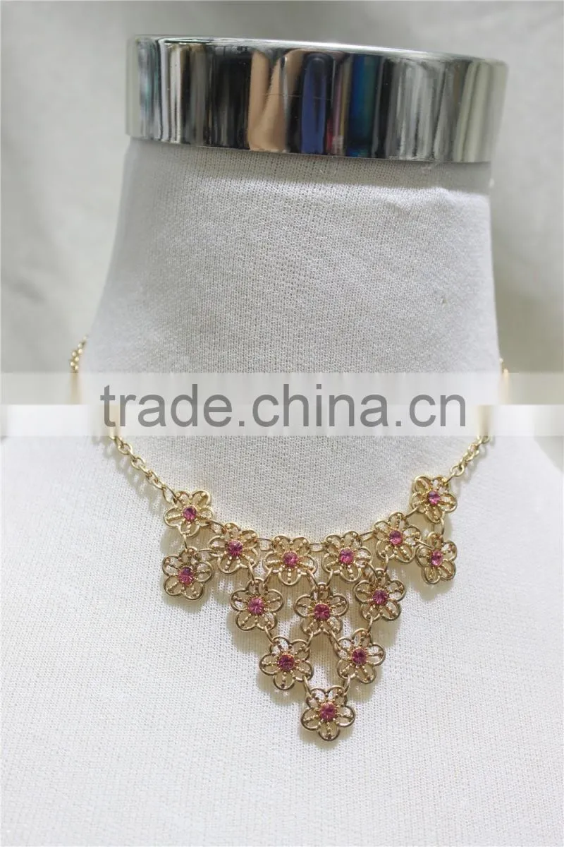 Gold Tiny Flowers w/Rose Diamond Jump-Ring Connected Necklace Simple Chain Gold Necklace2016 Fashion Style Wholesale