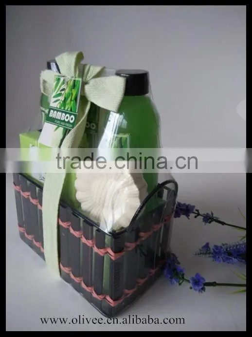 Nice fragrance bath set 170ml shower gel bubble bath and 70ml body lotion 100g soap fizzer with bamboo basket