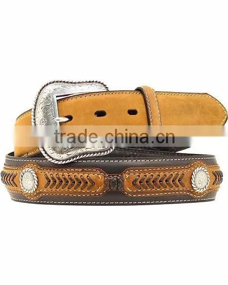 Western cowboy's Black & brown belt with scalloped leather Laced Concho Belt