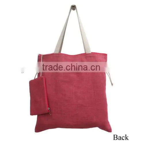 Drawstring Shopping Jute Bag with Strap Handle and Attached Coin Purse