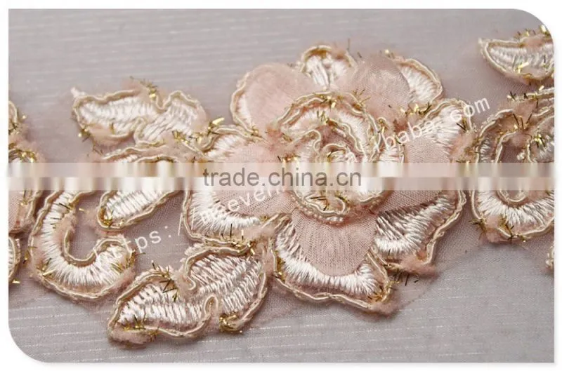 Hot sale 9cm width sweet pink 3D flowers guipure lace trim embroidery