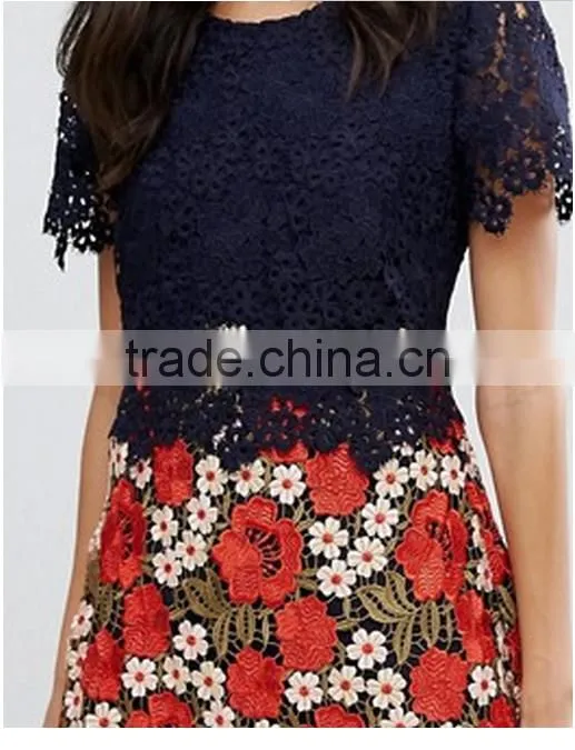 Beautiful Lace Dress Christmas Crocheted High Waist Short Sleeve Women Dress Fashion Party Club Short Dress