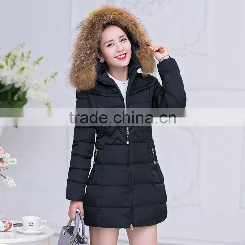 OEM Wholesale Winter Women Thicken Cotton Fur Collar Hooded Down Long Parka Jacket Coat