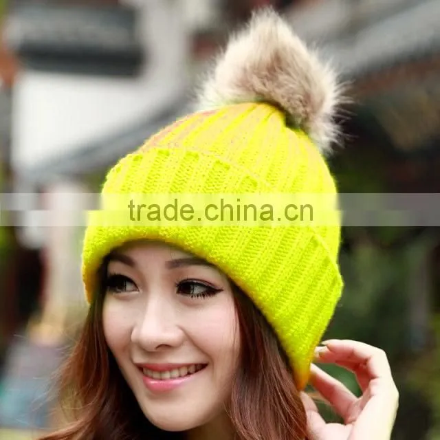2014 New Women's Knit Cap Beanie Hat With Fur Korean Style Knitted Hat SV007977