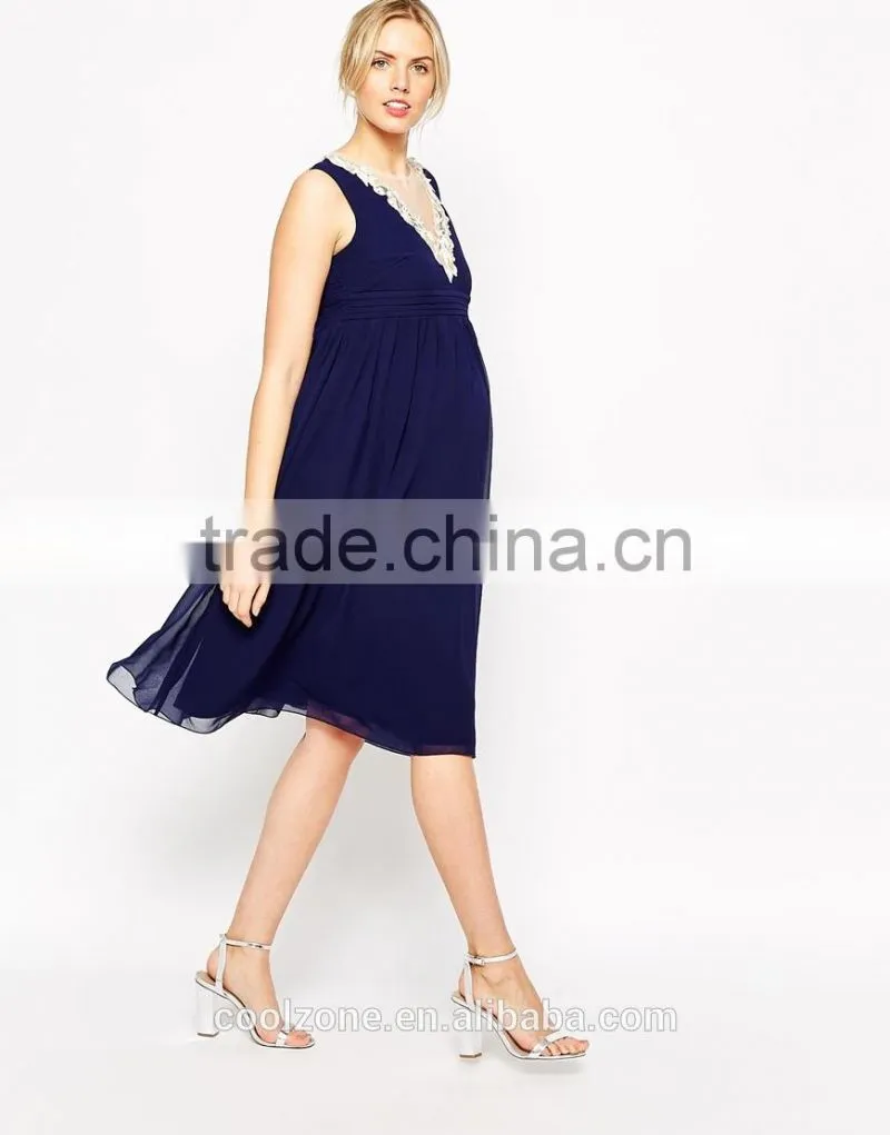 2015 Fashion sleeveless embrodiery neck chiffon dress for maternity clothes