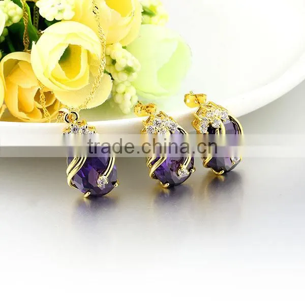 Copper Gemstone Fashion Jewelry Sets,Drop Earrings Crystal Pendant Necklace Bridal Jewelry Set (Red,Green,Blue,Purple and Black)