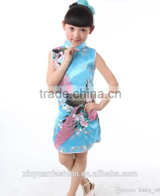children girl dress beautiful girl Elegant Peacock Printing and Short Sleeve Dress