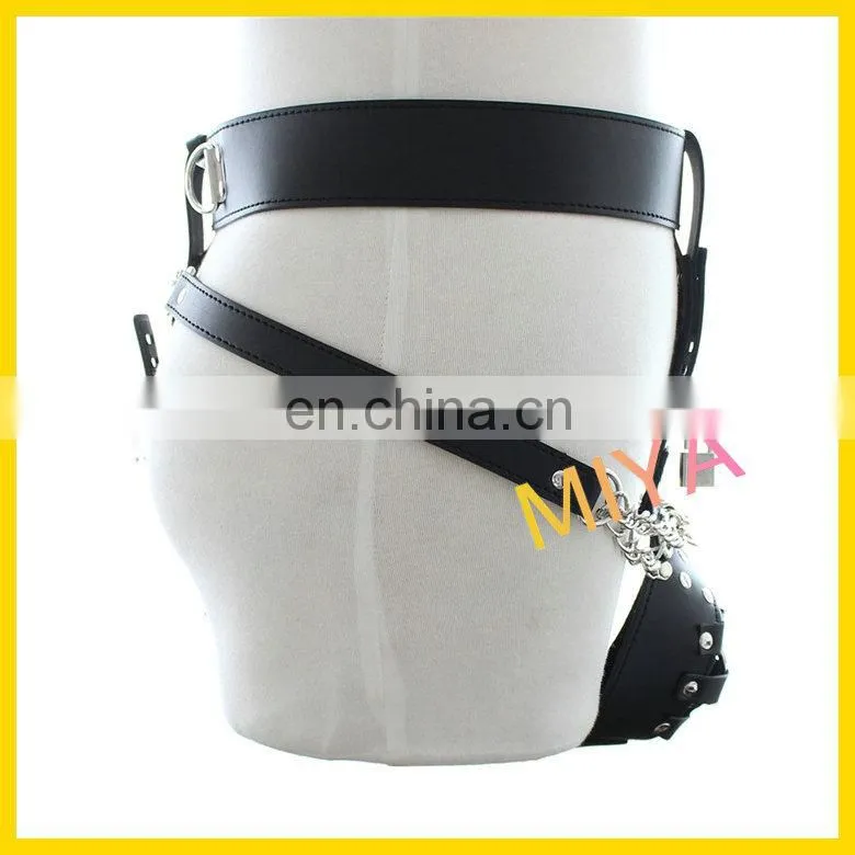 faux leather chastity belt with vibrating dildo & butt plug, vibrating panties