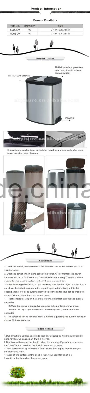 sensor dustbin 5009LM 9L Stainless Steel Sensor Dustbin With Black Lid