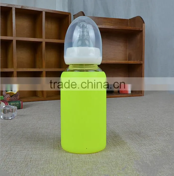 High quality cute baby feeding bottle,food grade BPA free baby feeding bottle,silicone glass milk bottle for baby feeding