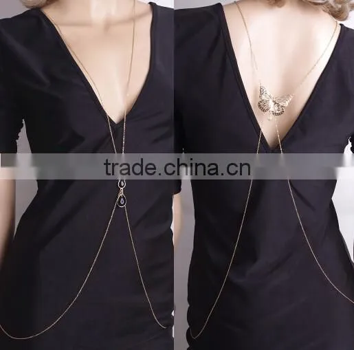 2016 Sexy Women Back Butterfly Pearl Water Drop Alloy Body Belly Chian