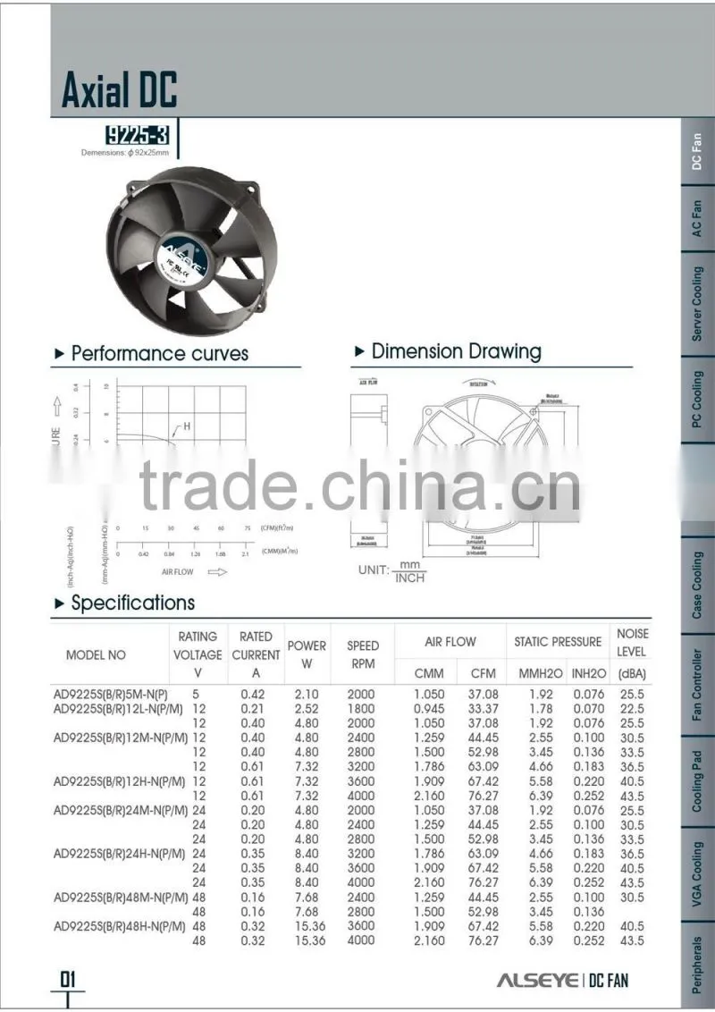 Alseye CB3009 manufacture brushless dc fan 92mm car fan with 2 ball bearing