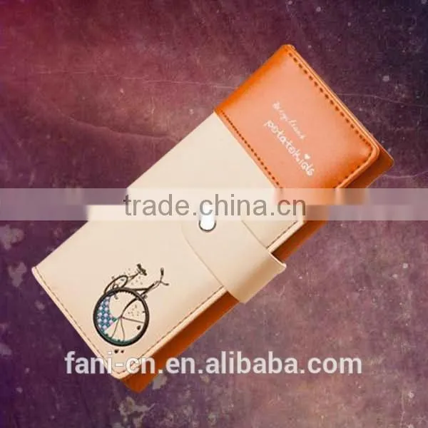 2015 hot selling handmade leather wallets with bicycle printing design for woman