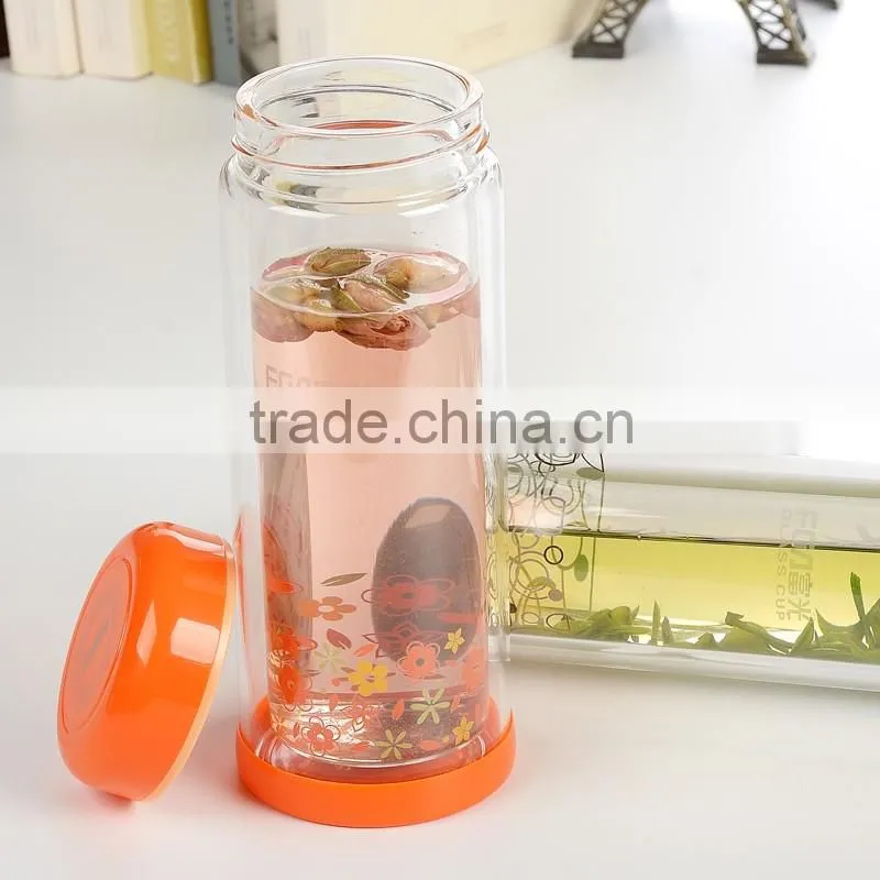 280ml Transparent Custom Double Wall Heat-resistant Tea Cup Portable Pyrex Glass Water Bottle
