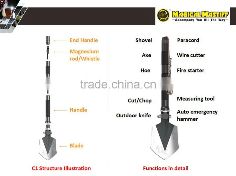 2016 10-in-1 Outdoor Emergency Shovel with Knife Hoe Hammer Fire Flint