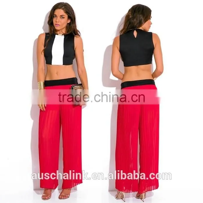 hot sale lady red pleated chiffon wide leg pants wholesale