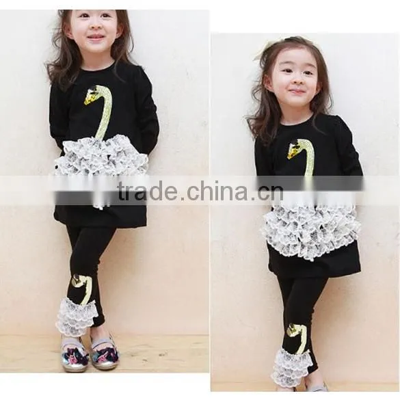 Black and white baby girl Swan cotton suit autumn children suit for girls fall paragraph T-shirt +Pants 20019
