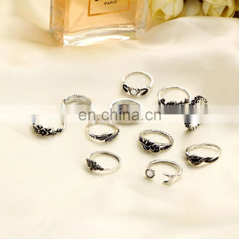 11pcs/set Retro Bohemia Rose Bouquet Jade Flower Totem Knuckle Midi Finger Stacking Ring Jewelry Ring Sets