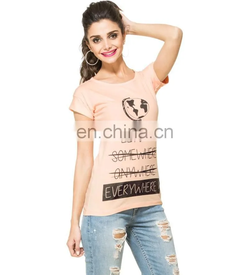 2015 Factory direct price wholesale 100% Cotton Go Everywhere Graphic Peach T-shirt