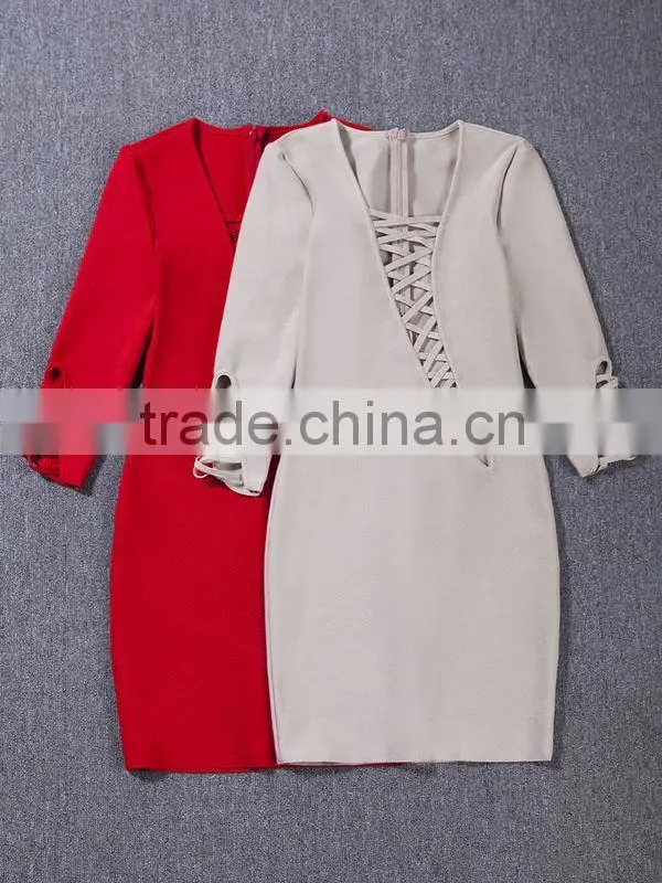 Summer dress 2015 new fashion elegant and sey women black red beige white long sleeve evening party bandage Dress Bandage Bodyco