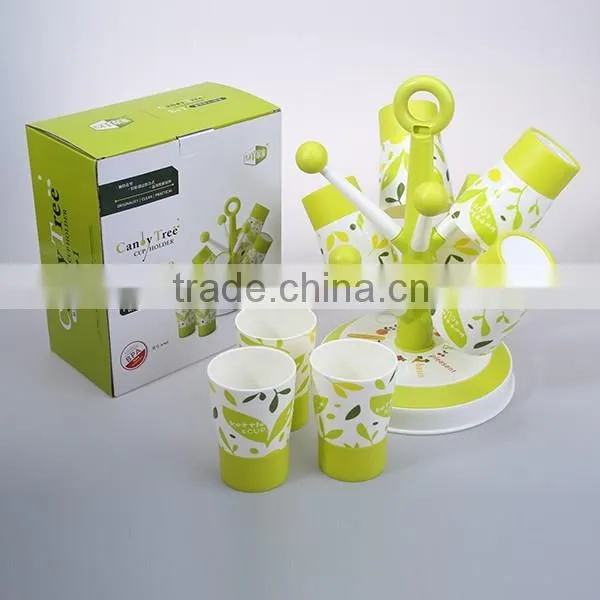 Natural tree design plastic cup hanger rack with 8 cups set