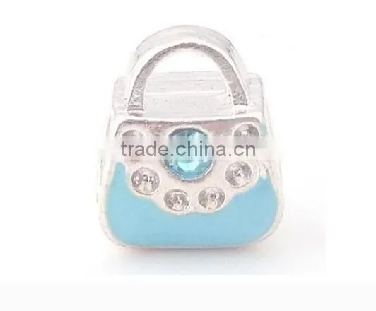 Vnisatr silver plated pink&cyan&purple enamel handbag shaped european beads with crystals PBD2505
