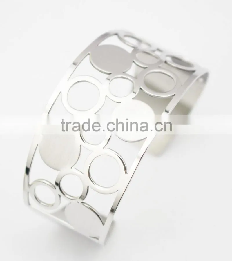 Stainless Steel Wide Plain Silver Flower Cuff Bangle Jewelry