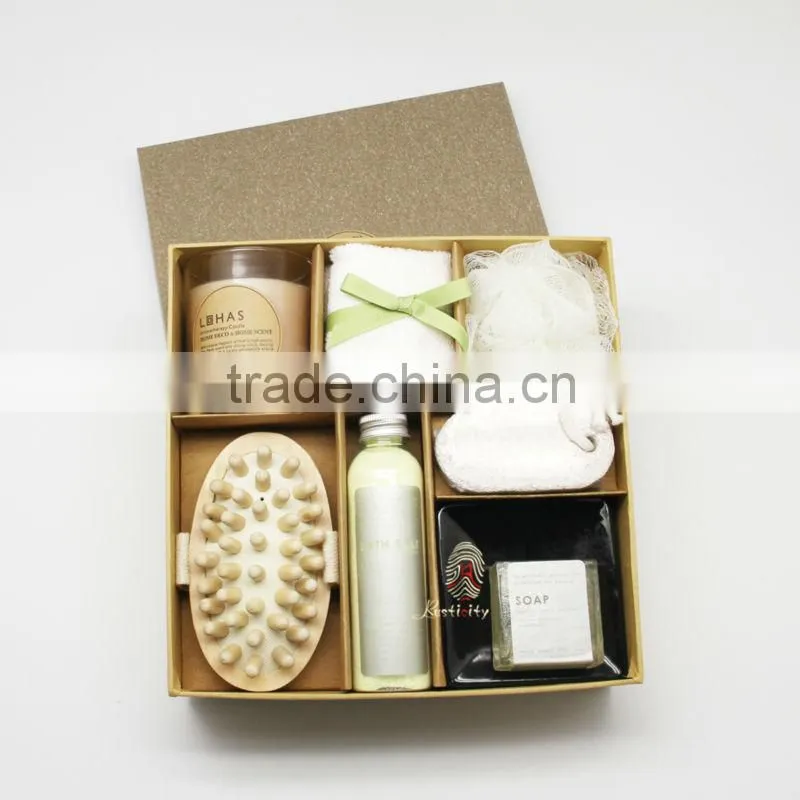 2014 hot sale natural luxury aroma spa bath gift set with wooden massager