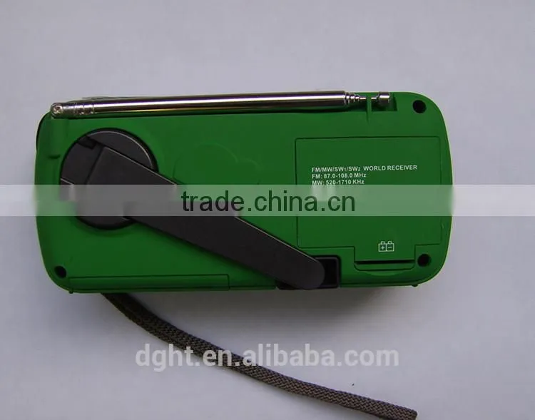 Design solar emergency radio, hand crank to wind up, flashlight, phone charger, green