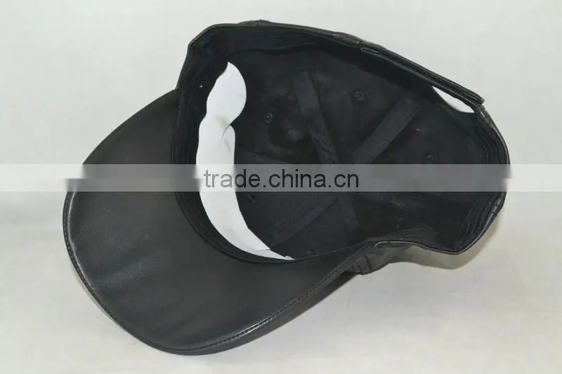 Professional custom 6 panel /embroidered logo/leather/black baseball cap