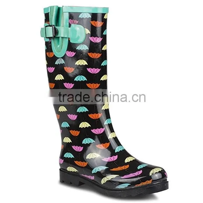 New design colorful unbrella pattern tall cute rubber rain boots woman