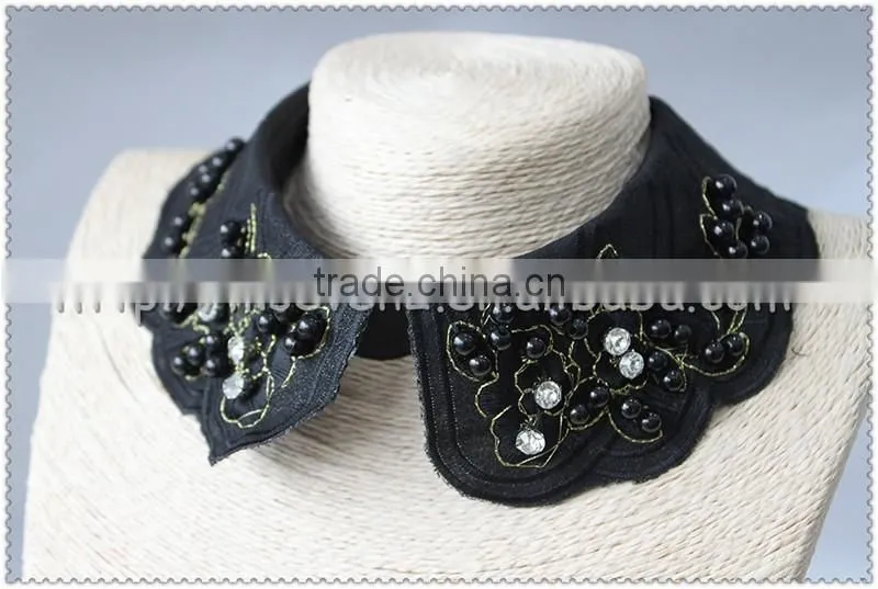 Customized black handmade flower beads necklace, gold yarn embroidery collar with pearl beaded.