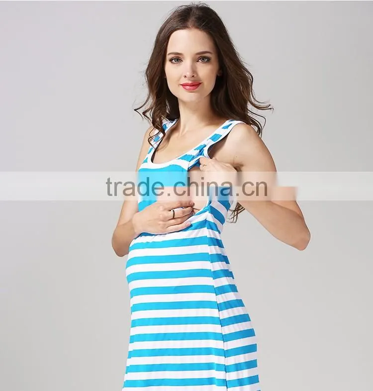 White and Blue Strips Maternity Dress Korean Style Nursing Clothing Athleisure Hide Breastfeeding Opening Skirts