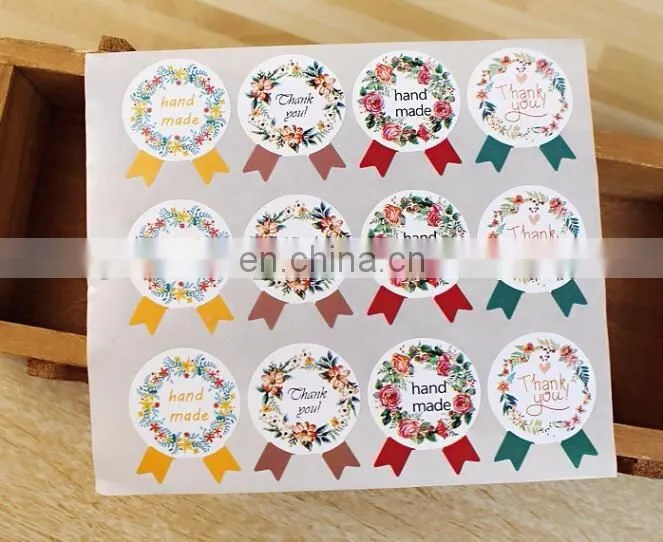 "Hand made" " Thank you" Flowers Badge Shape Gift Box Label Baking Bag Sealing Sticker Baby Shower Gift Decoration DIY Material