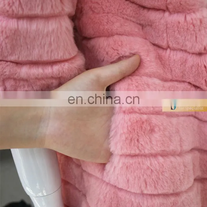 Pretty strawberry pink long rabbit fur women coat with fox fur collar