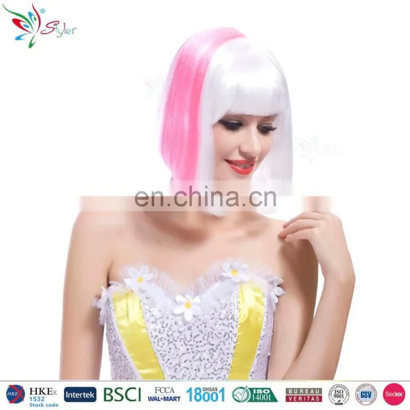 Styler Brand china supplier white with pink wig wholesale women short straight bob hair wig
