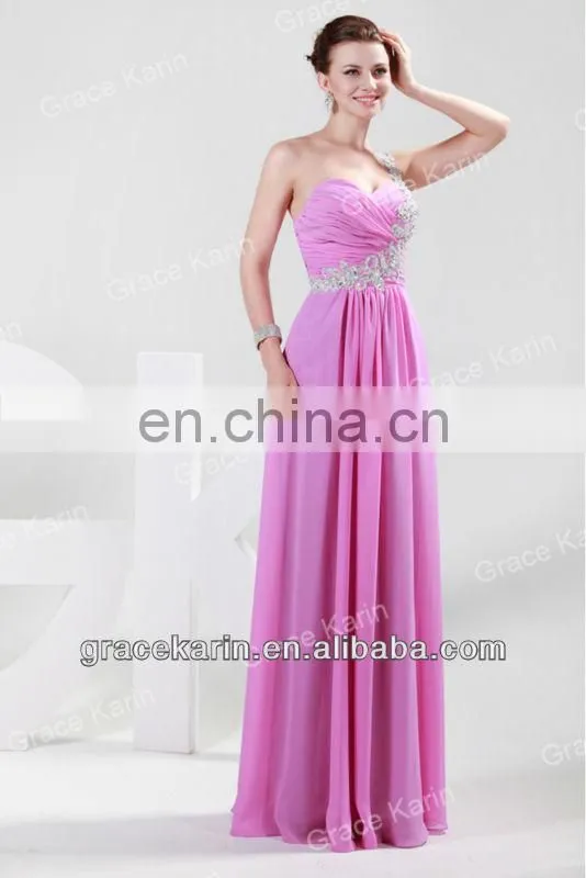 2015 Grace Karin Cheap Pink Long Evening Dresses One Shoulder Evening Gown CL4425